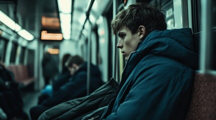 A person sitting alone in a crowded train, exchanging a brief but meaningful glance with a stranger, hinting at the fleeting connections in urban life