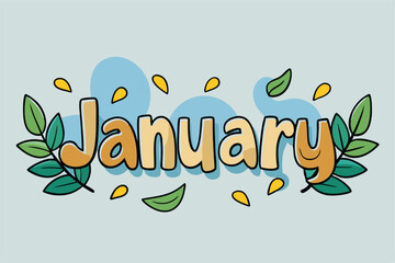 Vector Illustration of the Month Name 'January' Surrounded by Simple Playful Leaves, Minimalist Design, Decorative Font with Leaf Elements for Seasonal Graphics, Calendars, and Nature-Themed Projects