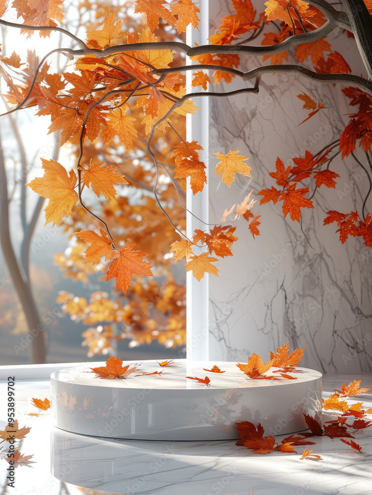 Poster A podium for product display with autumn leaves in the background. Generative AI.