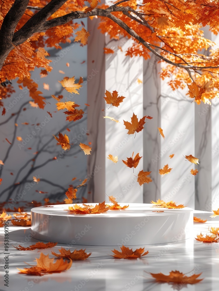 Poster A podium for product display with autumn leaves in the background. Generative AI.