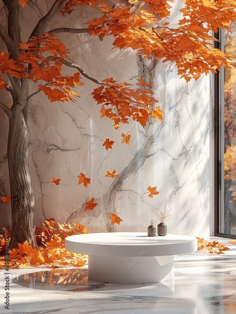 Poster A podium for product display with autumn leaves in the background. Generative AI.