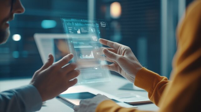 Futuristic Technology Collaboration: Two People Examining Data on a Holographic Screen