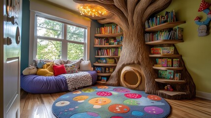 A vibrant and cozy reading nook in a children's room, featuring a big tree-shaped bookshelf and playful mushroom-themed rugs