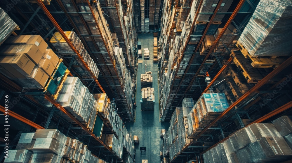 Poster overhead view of a warehouse with stacked cardboard boxes