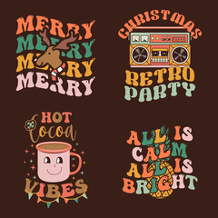 Groovy Christmas prints set with different vintage graphics and quotes-hot cocoa vibes, all is calm all is bright. Retro Christmas graphics. Stock clipart on dark background
