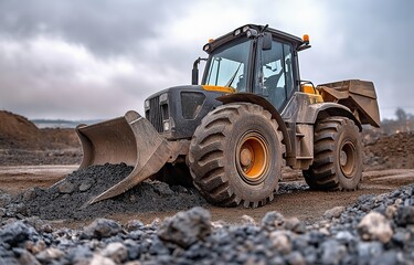 A skid steer loader emptying an excavator bucket of gravel during construction