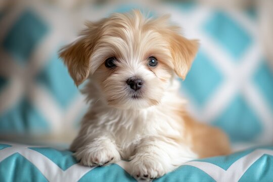 Morkie Puppy on Cream and Blue Diamond Background. Cute and Adorable Pet Dog Photo