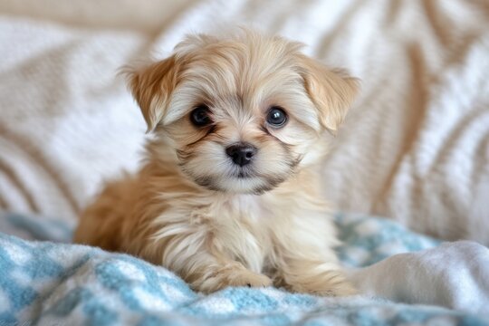 Morkie Puppy. Cream and Blue Diamond Background. Sweet and Adorable Companion Animal Photo
