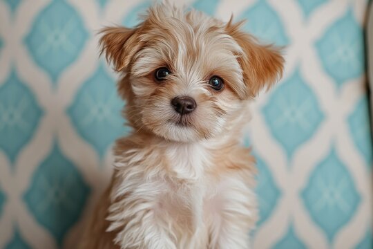 Morkie Puppy. Sweet and Adorable Dog Photo on Cream and Blue Diamond Background