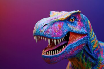 Close-up of a Multicolored Dinosaur Head with Open Mouth and Sharp Teeth