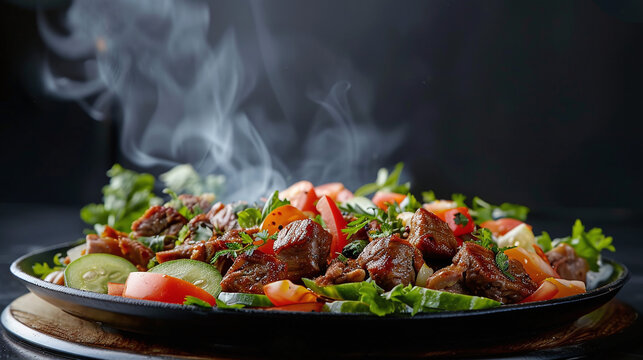 a sizzling plate of Middle Eastern shawarma with accompaniment