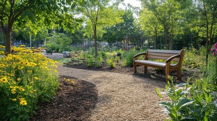 A calm, nature-themed school garden where students can relax and recharge, promoting mental wellness