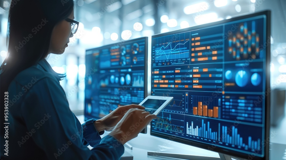 Poster Businessperson using a digital tablet to analyze data and set business strategies. the intersection of technology and finance, showcasing graphical charts, statistical data. Generative AI.