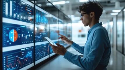Businessperson using a digital tablet to analyze data and set business strategies. the intersection of technology and finance, showcasing graphical charts, statistical data. Generative AI.