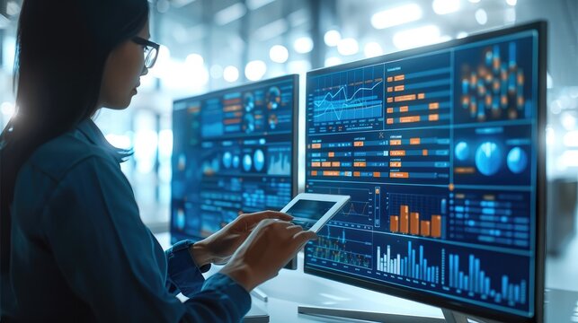 Businessperson using a digital tablet to analyze data and set business strategies. the intersection of technology and finance, showcasing graphical charts, statistical data. Generative AI.