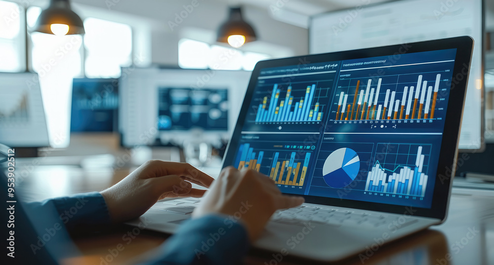 Aufkleber Businessperson using a digital tablet to analyze data and set business strategies. the intersection of technology and finance, showcasing graphical charts, statistical data. Generative AI.