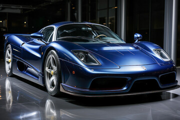 Naklejka premium Sleek Blue Sports Car on Reflective Surface