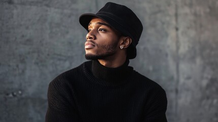 African American Man in black sweater and black bucket hat