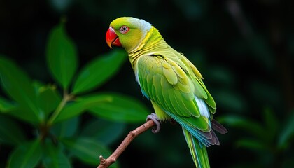 Green parrot with red beak and light blue rear crown sitting on twig isolated against dark green jungle background