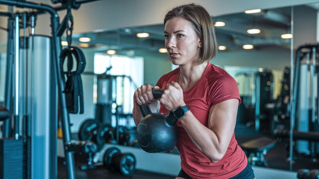 Sportswoman Practicing A Kettlebell Goblet Squat During A Weight Training Session At A Health Club
