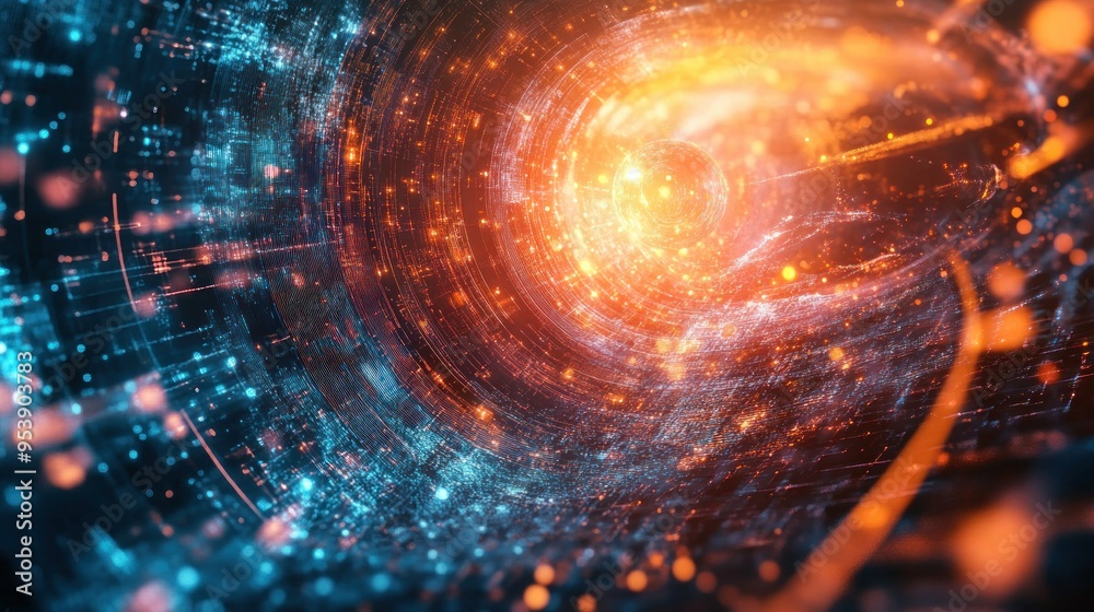Poster abstract digital tunnel with glowing lights and lines