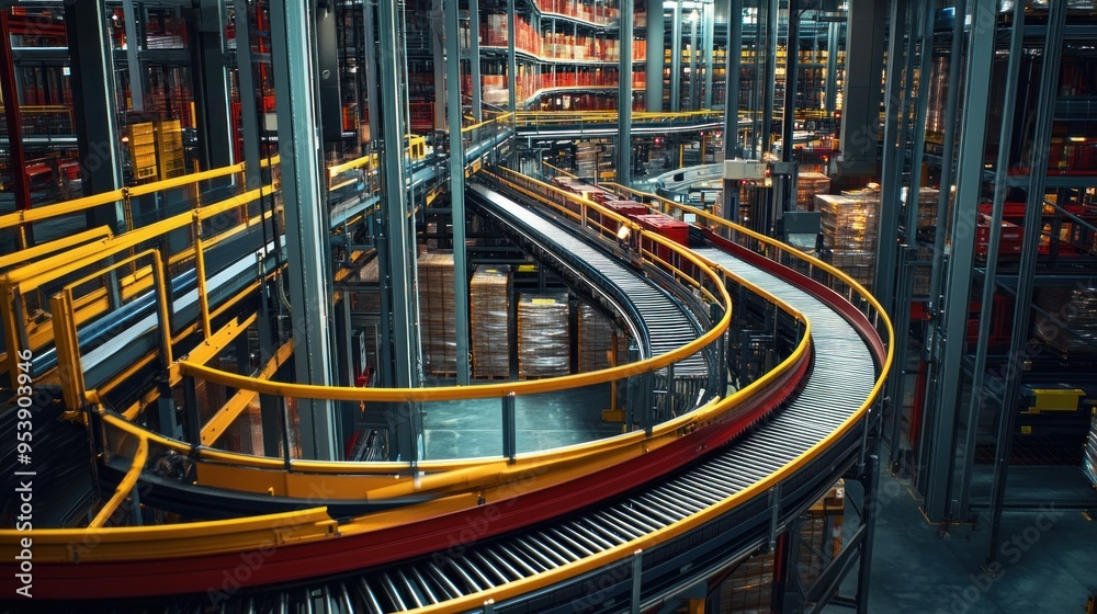 Aufkleber automated conveyor system in a large warehouse