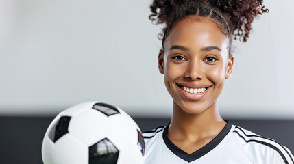 smiling young african american woman holding a soccer ball, professional studio photography, female football player