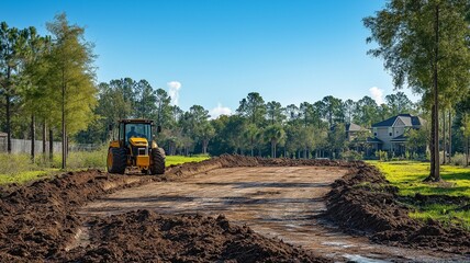 Tractor skid steers were used in the landscaping process to remove roots from ground that was cleared for a house development subdivision.