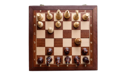 chessboard with pieces mid-game, isolated