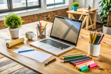 Naklejka premium A modern workspace with a sleek laptop, notebook, and colorful pens, surrounded by a disassembled product prototype and