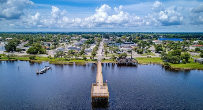 Clermont Florida. Aerial Cityscape of Lake Minneola Lakefront and Urban Skyline