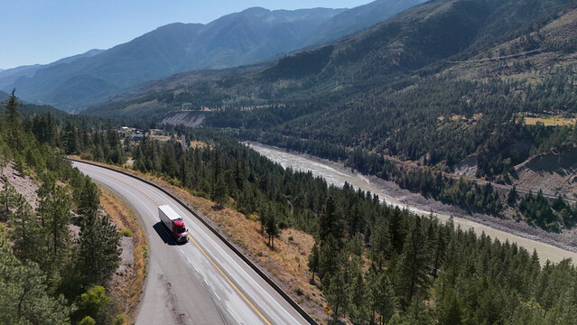 Aerial view of Highway 1 next to Fraser Canyon close to Lytton during a summer season in British Columbia, Canada