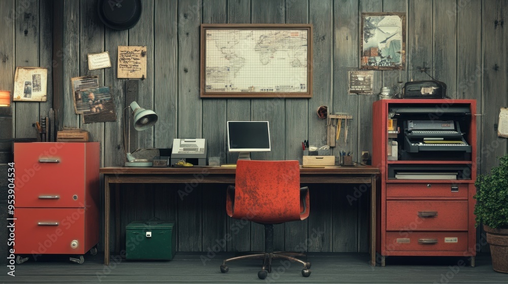 Poster Retro Office Desk with Red Filing Cabinets and a World Map