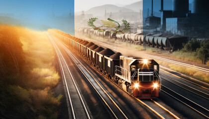 An industrial freight train moves through golden fields beneath an Guatemala flag, representing the backbone of energy supply and transportation network.