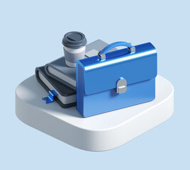 3d icon of briefcase with books and coffee. 3d illustration for education on white background	