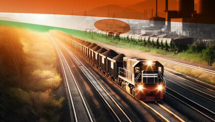 Fototapeta premium An industrial freight train moves through golden fields beneath an Niger flag, representing the backbone of energy supply and transportation network.