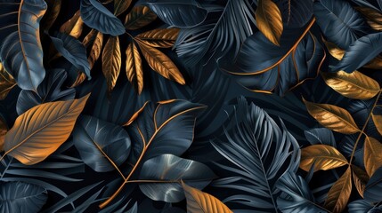 Golden and Blue Tropical Leaf Pattern