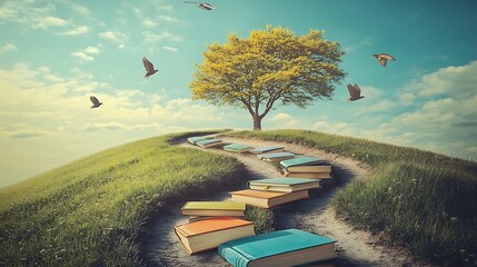 A Winding Path of Open Books Leading to a Tree on a Hilltop