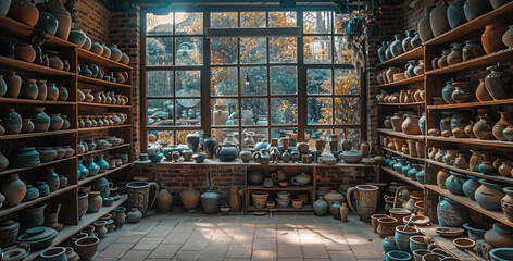A mysterious second-hand pottery shop. The light outside the window is dim. The shelves in the shop are filled with pottery of all sizes. In the middle of the shop is a wooden table. Generative AI.