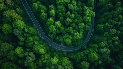 Aerial View of Serpentine Road Winding Through Lush Green Forest in Summer