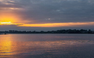Fototapeta premium Panoramic view of dawn river.
