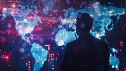 A business professional observes a digital world map, symbolizing global connectivity and technology advancement.