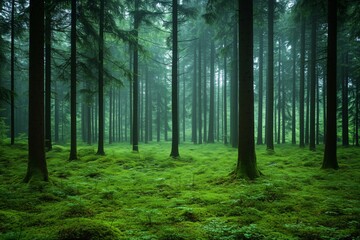 Fototapeta premium A tranquil scene of a dense forest shrouded in a light mist, creating an ethereal atmosphere.