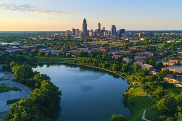 Fototapeta premium Omaha Nebraska Aerial. Panoramic Urban Landscape of Downtown City Skyline