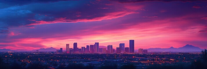 Fototapeta premium Phoenix Metro. Panoramic View of Downtown Phoenix City Skyline at Sunset in Pink and Purple Light