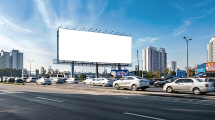 A clear, blank billboard stands alongside a busy city road with passing cars and modern buildings in the background.