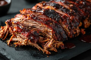Smoked Pulled Pork Shoulder. Appetizing Cooked Bar-B-Q Meat on Tray