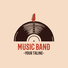 Music band logo template with guitar and vynil plate. Disco 80s emblem badge design. Stock retro label