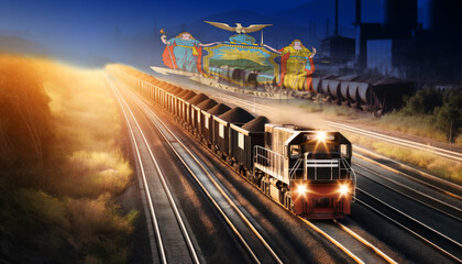 Obraz premium An industrial freight train moves through golden fields beneath an New York flag, representing the backbone of energy supply and transportation network.