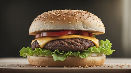 A hamburger with lettuce and tomato on a wooden table